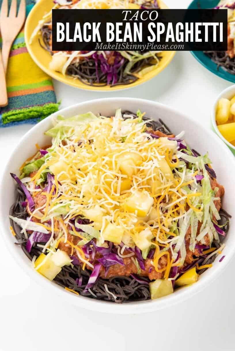 Taco Black Bean Spaghetti in a bowl with toppings