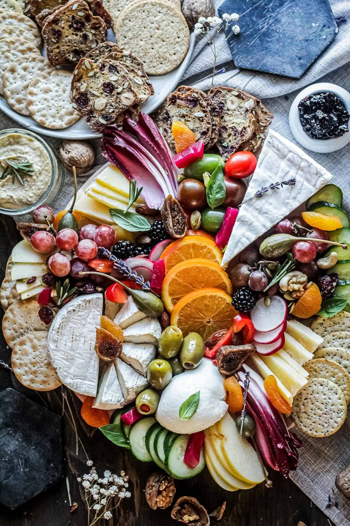 close up of elaborate charcuterie board 