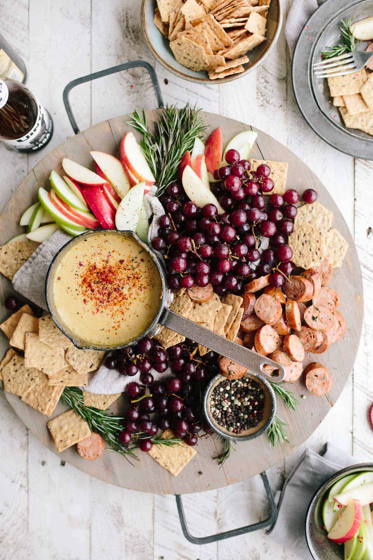 overhead view of a charcuterie board with dip