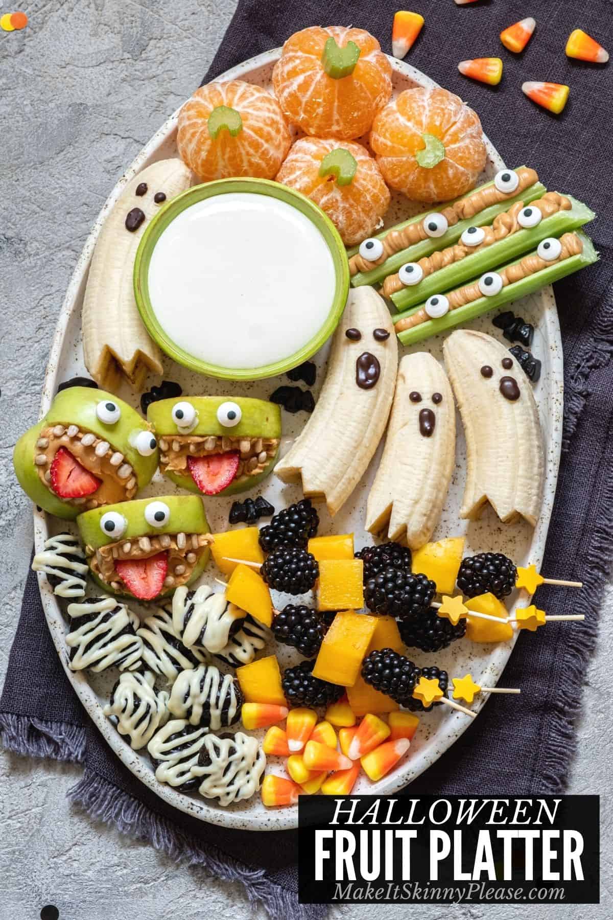 halloween fruit platter with title overlay