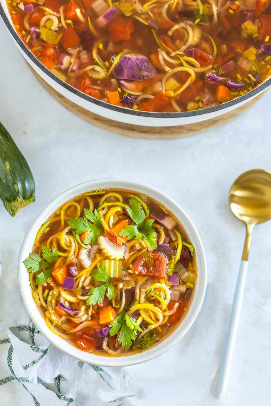 vegetable noodle soup overhead 