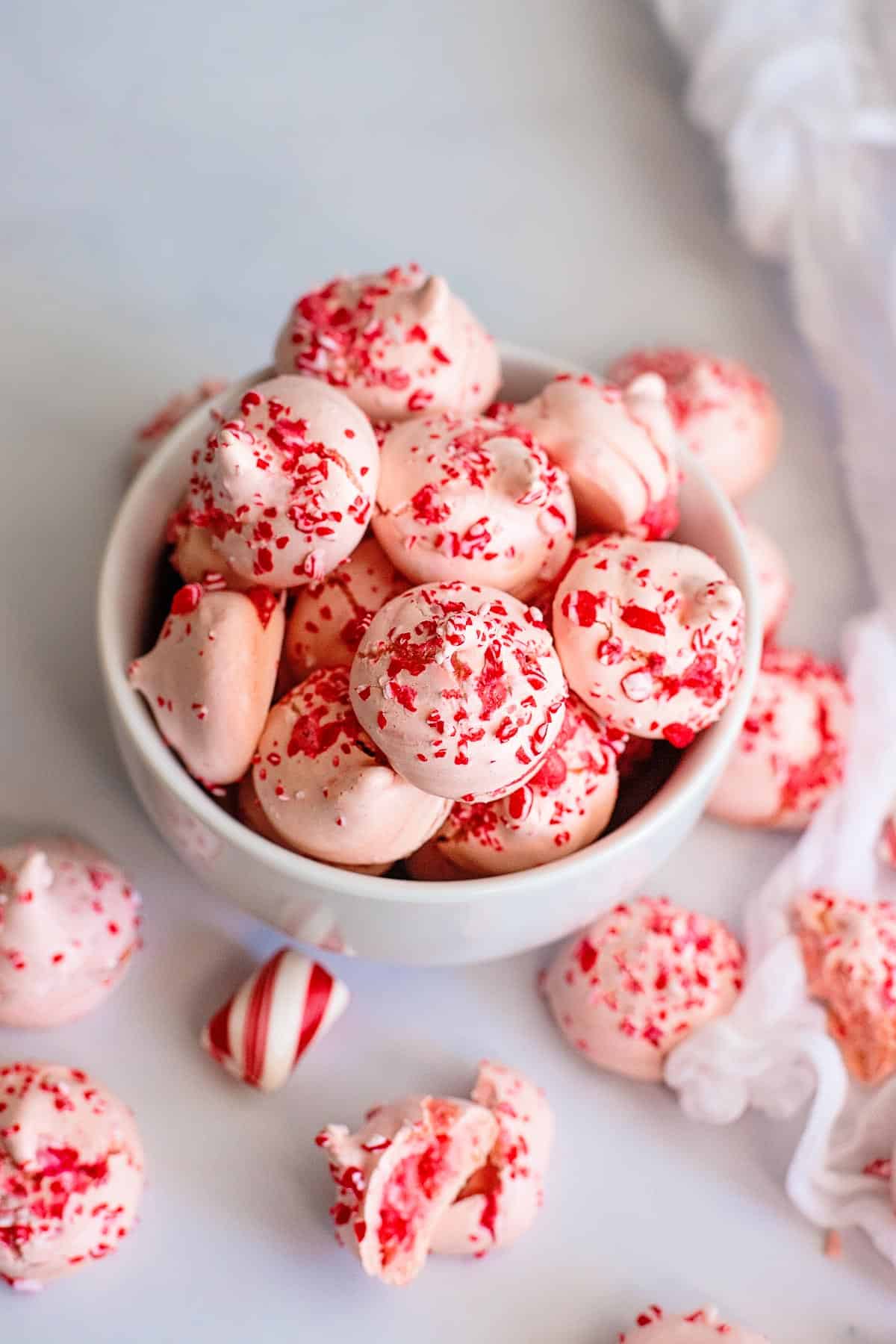 peppermint meringues in a bowl overhead