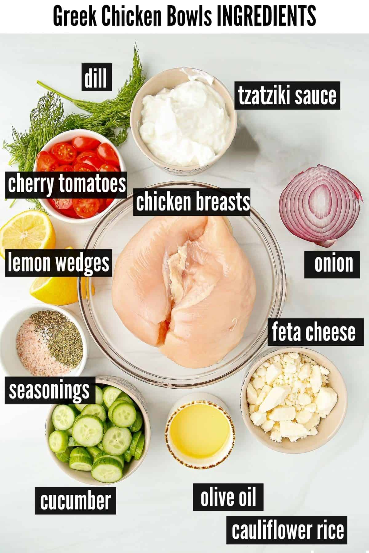 greek chicken bowls labelled ingredients