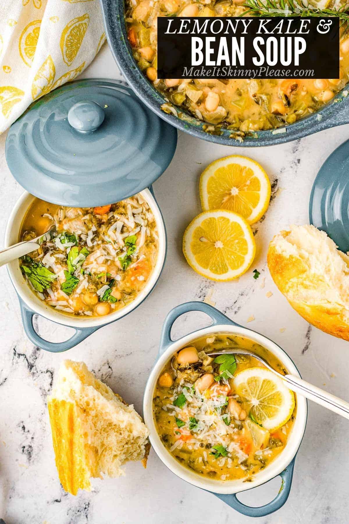 lemony kale and bean soup with text overlay