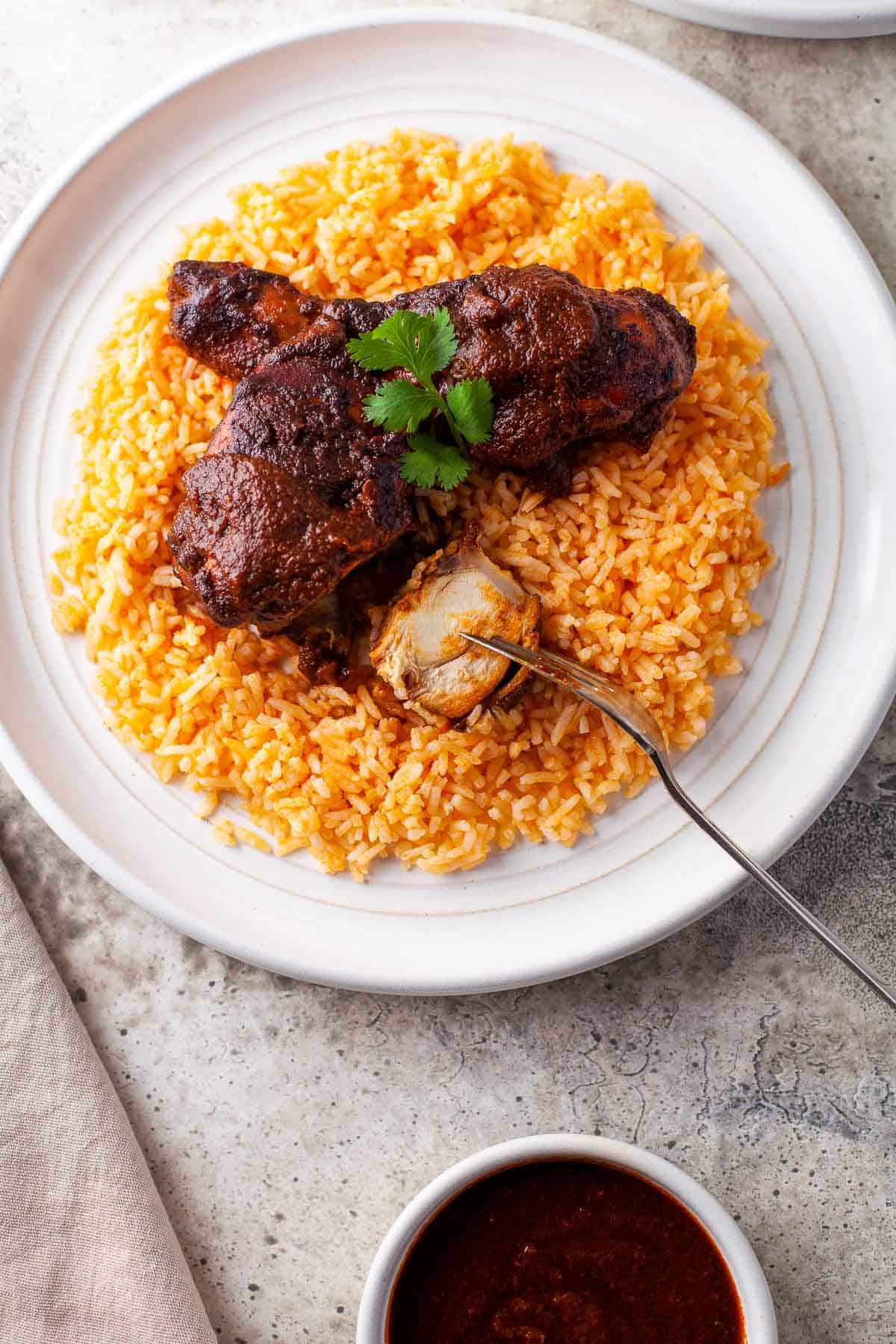mexican adobo chicken on plate with rice