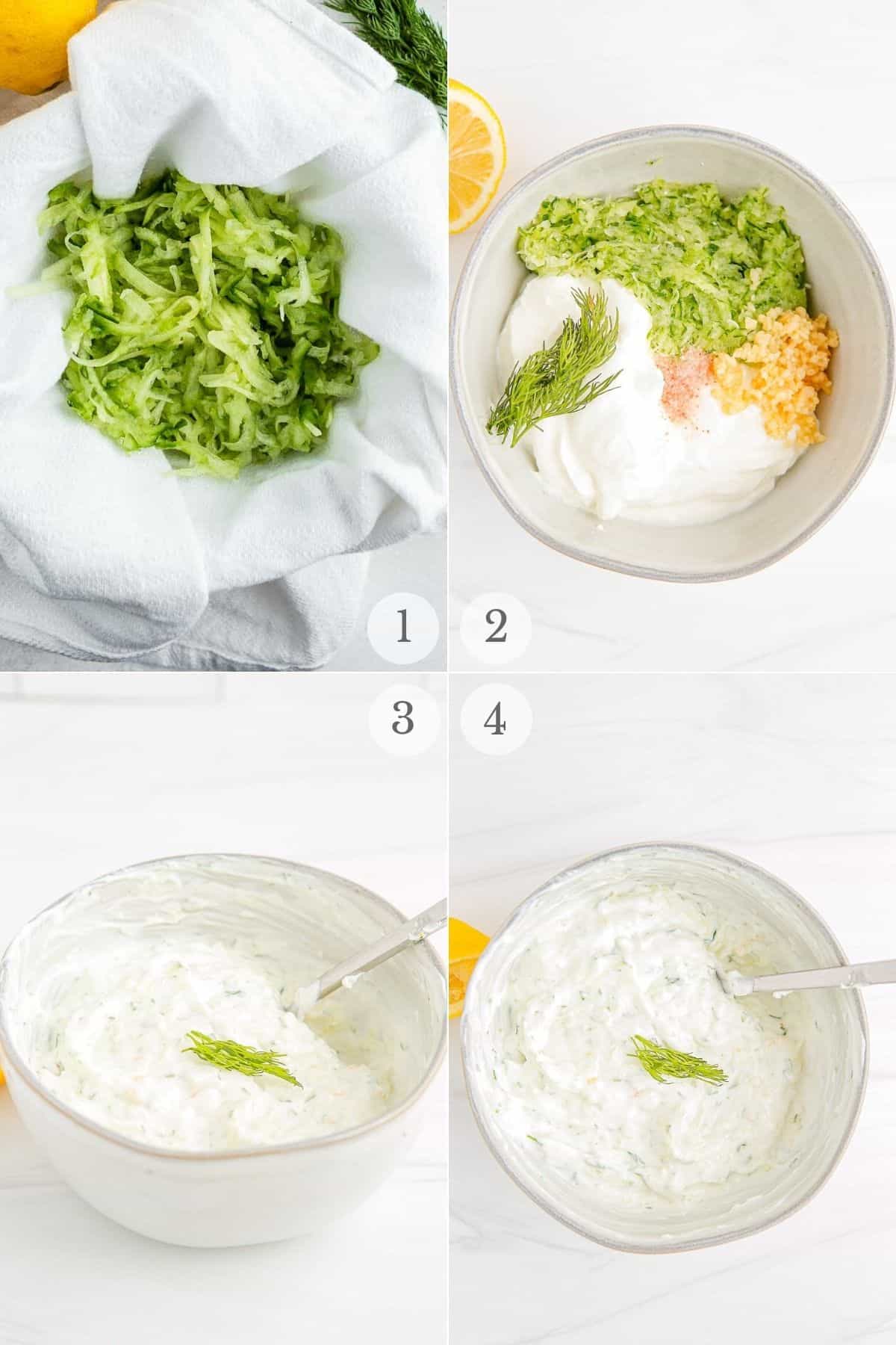 skinny tzatziki sauce recipe steps collage