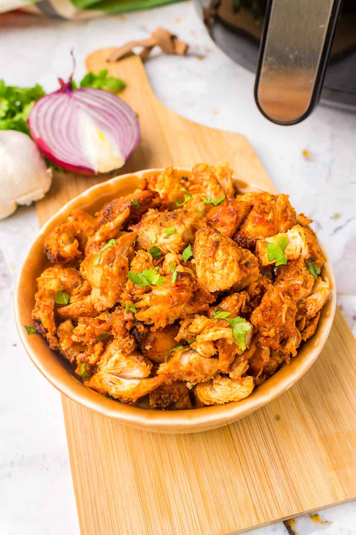 copycat chipotle chicken in bowl from above