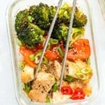 chicken and veggies in glass meal prep container