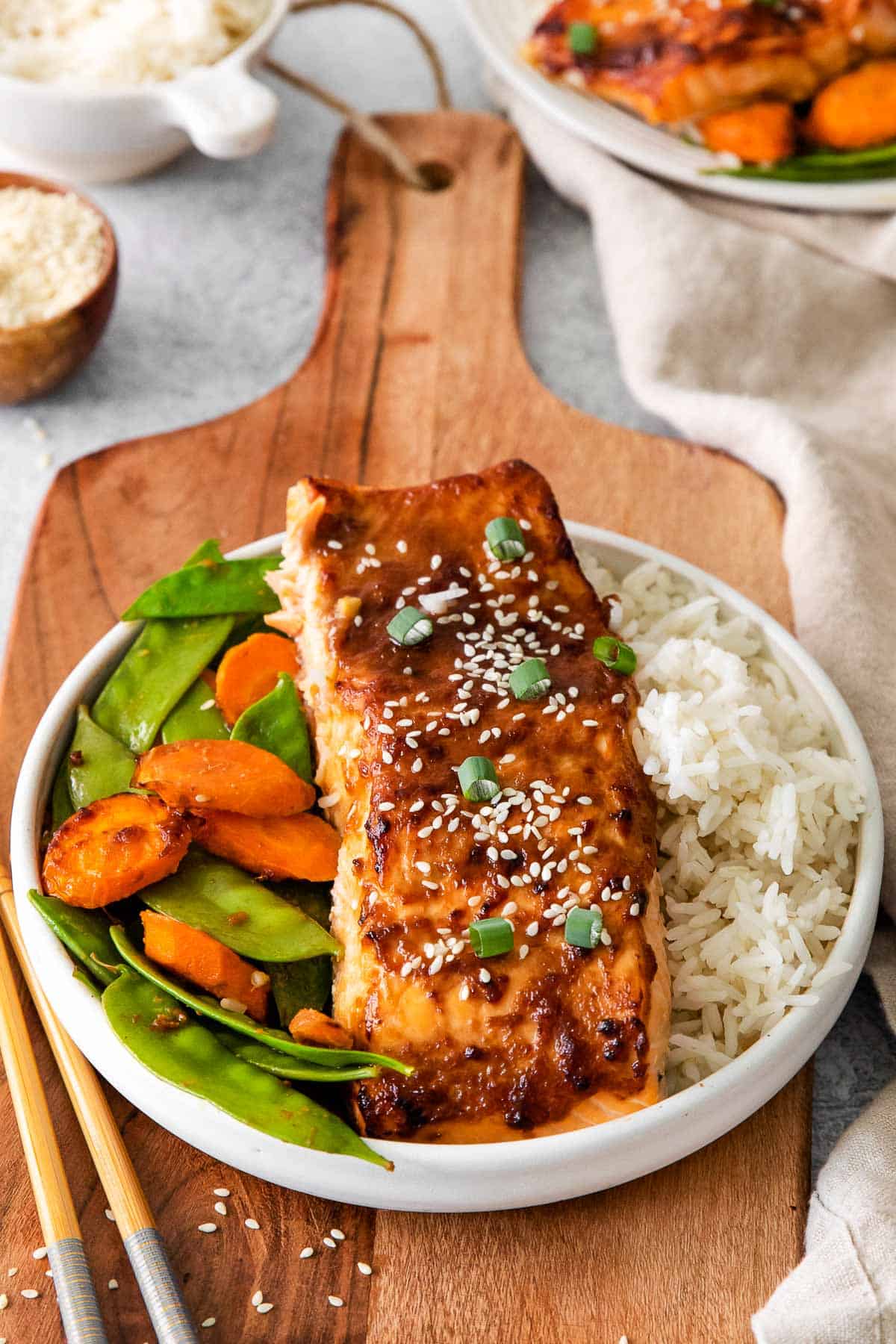Air Fryer Miso Salmon with vegetables and rice side view