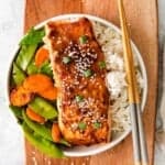 air fryer miso salmon with vegetables on plate