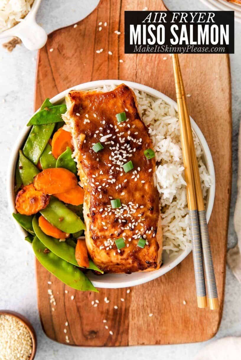 air fryer miso salmon with vegetables on plate
