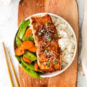 miso salmon and vegetables on cutting board