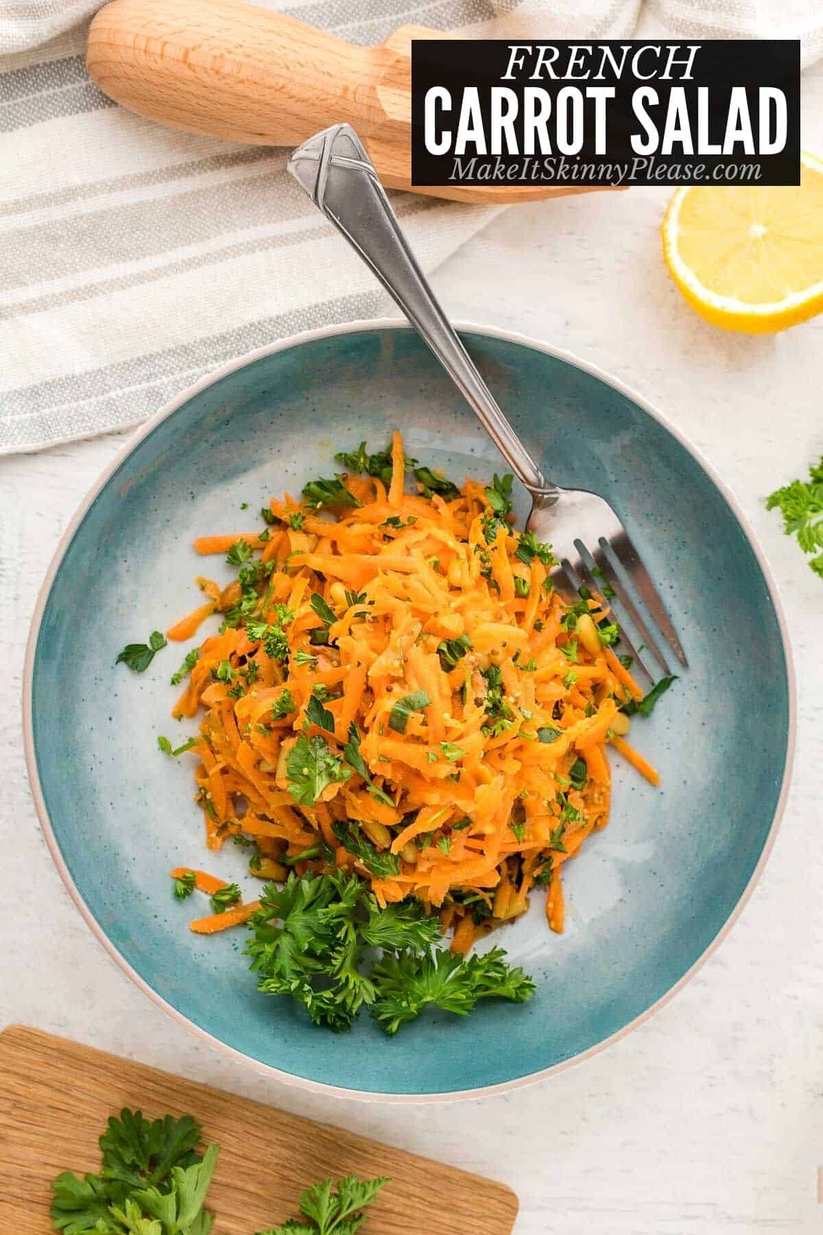 French Carrot Salad on blue plate.
