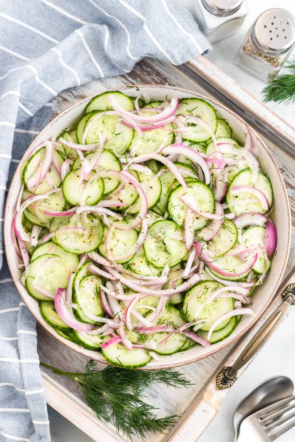 cucumber salad in a serving bowl.