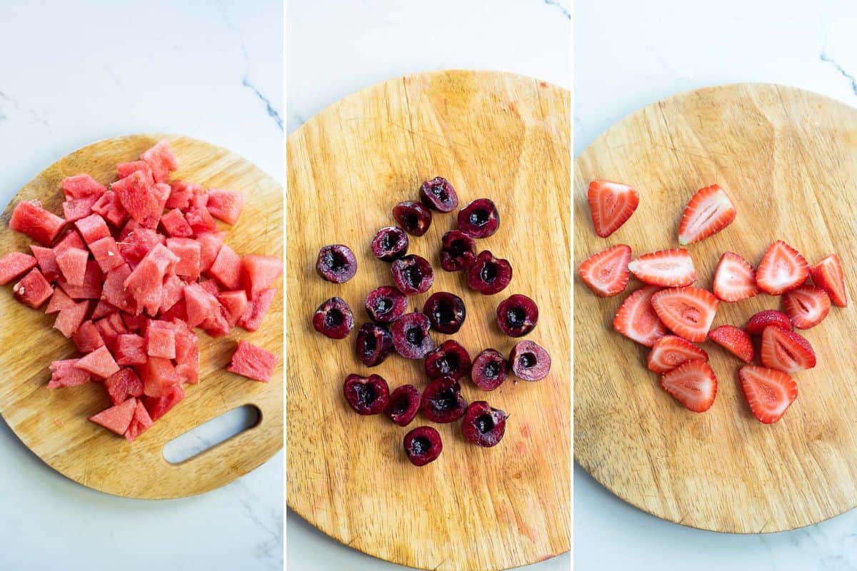 cut fruit for summer fruit salad - watermelon, cherries and strawberries