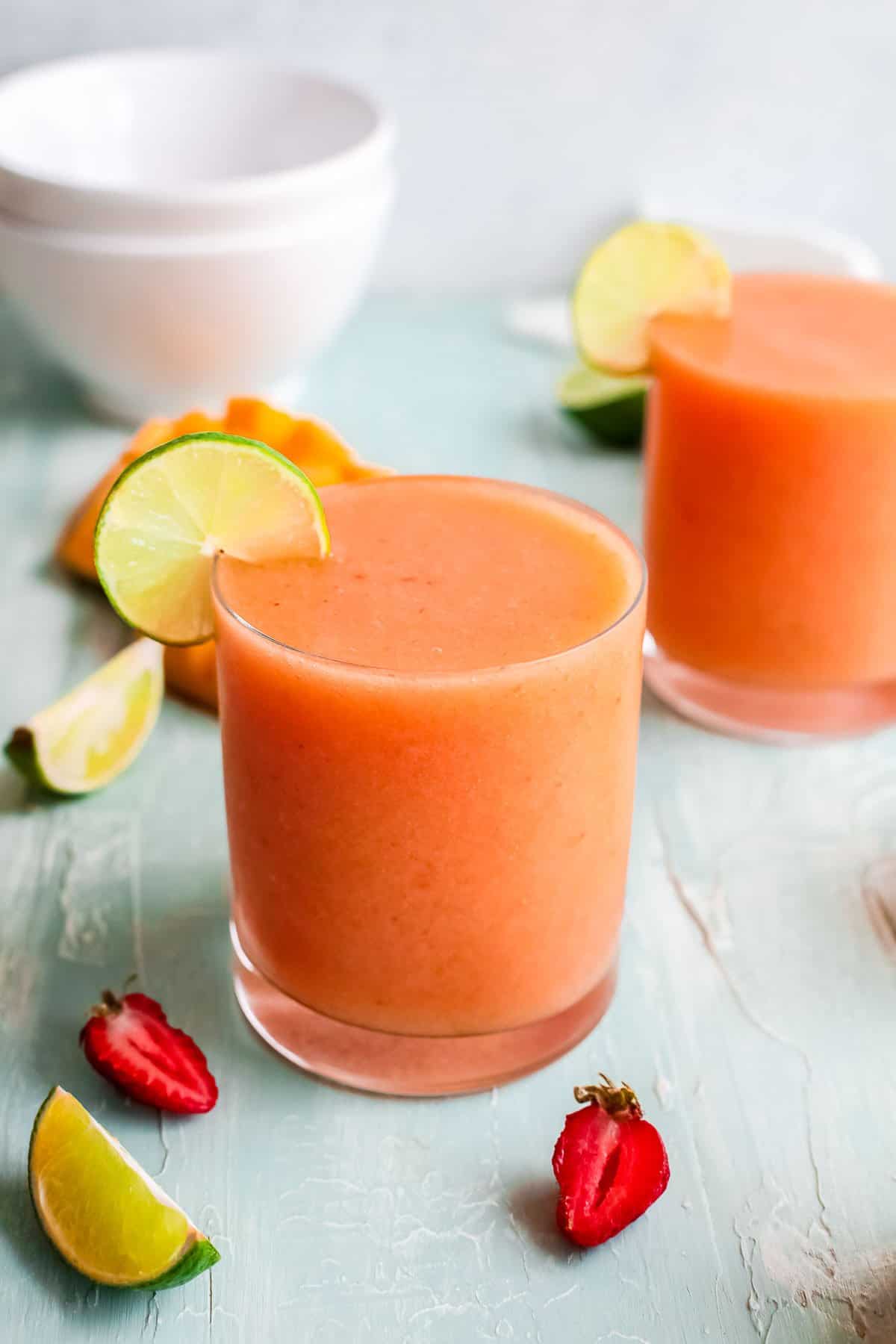 frozen malibu rum punch in glasses close up.