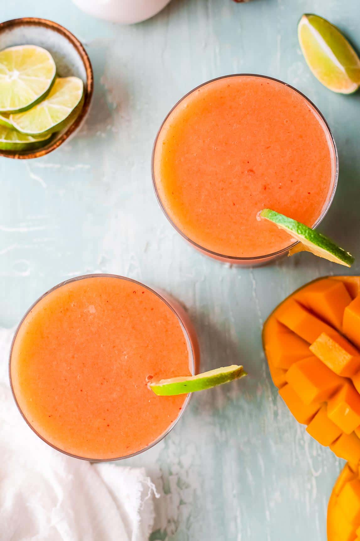 frozen malibu rum punch in glasses from above.