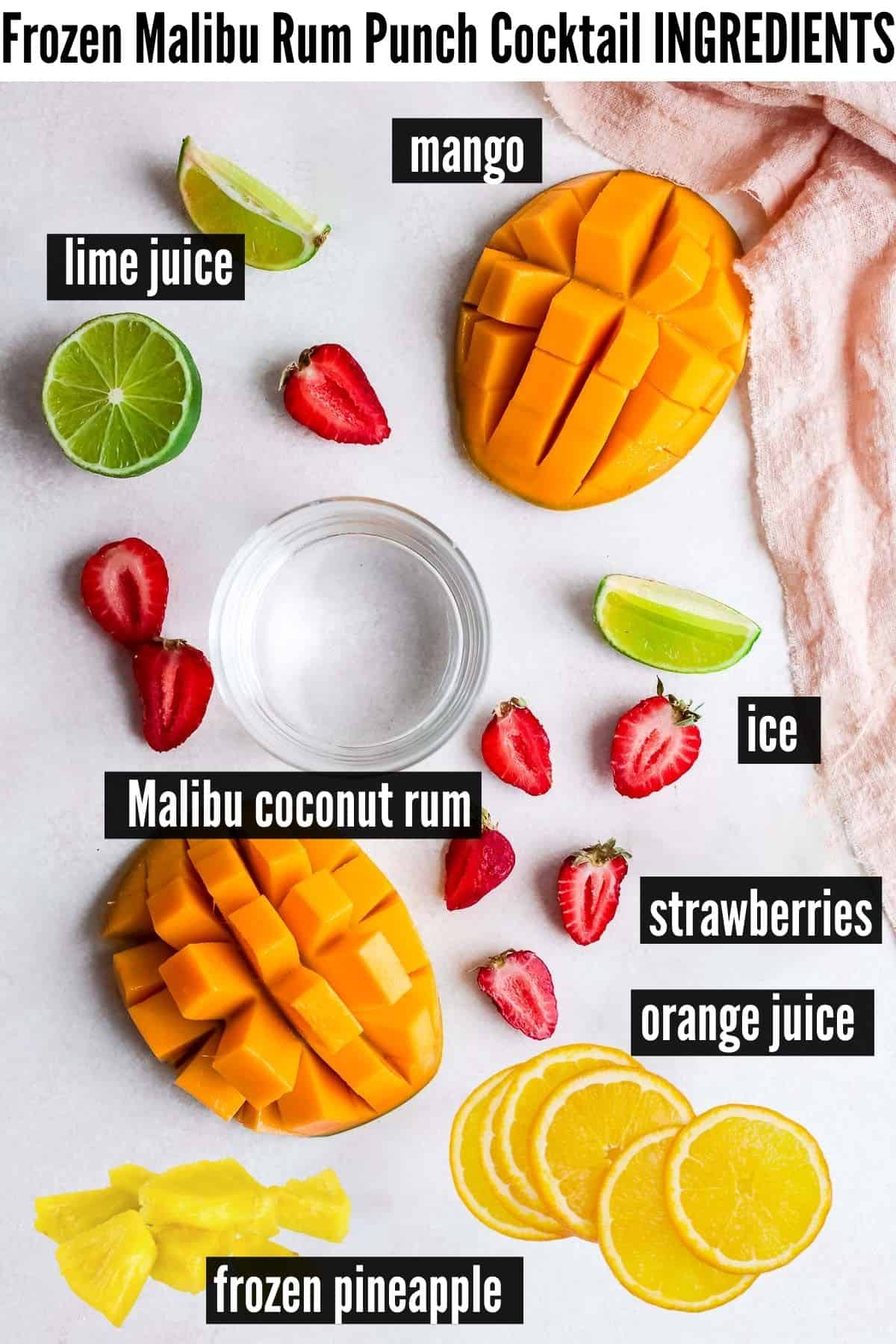 frozen malibu rum punch labelled ingredients.