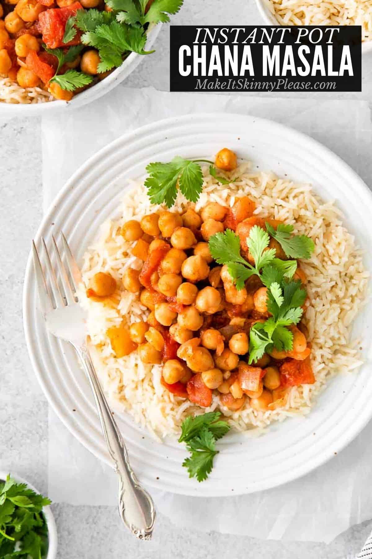 instant pot chana masala on white plate with rice