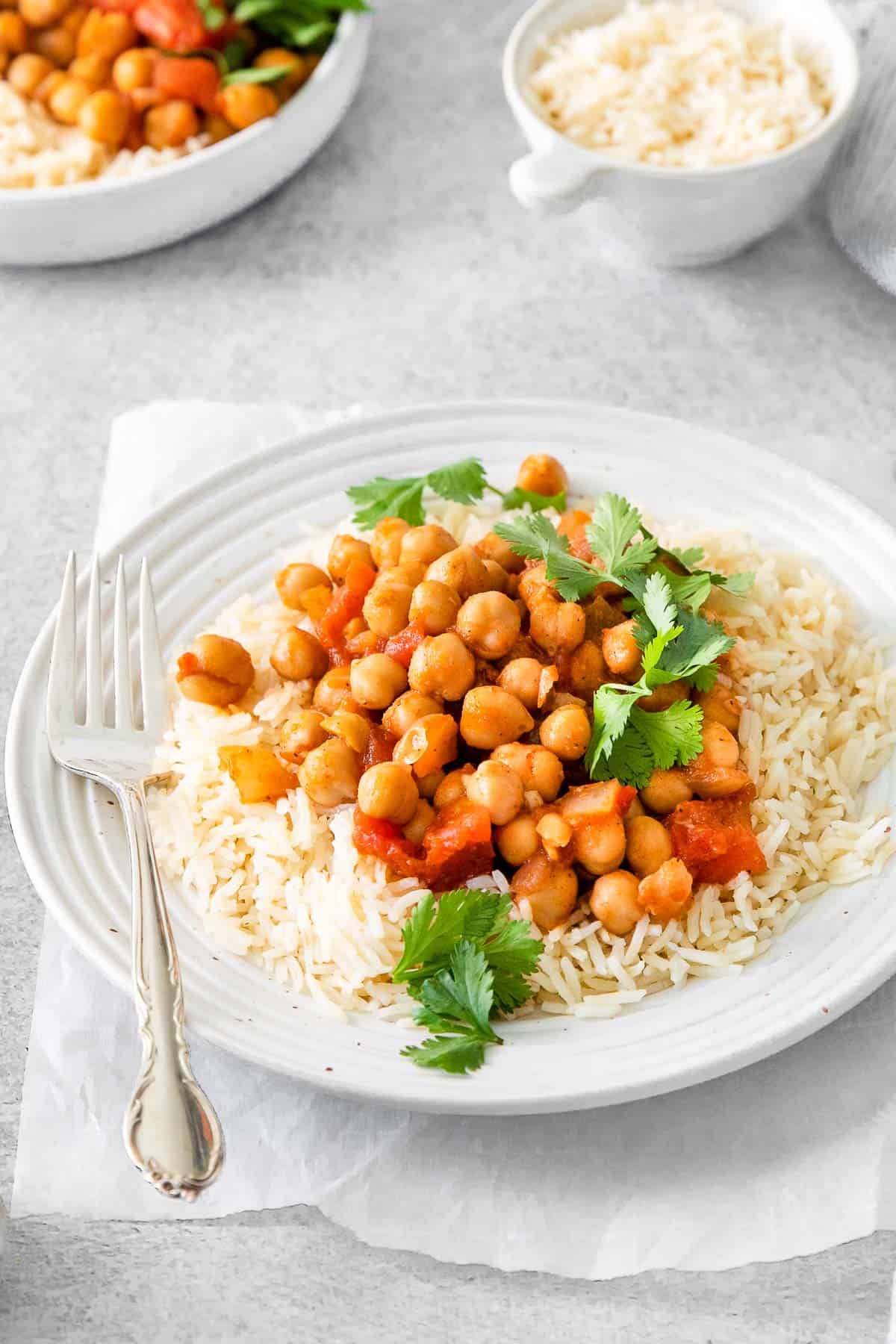 instant pot chana masala with rice on plate