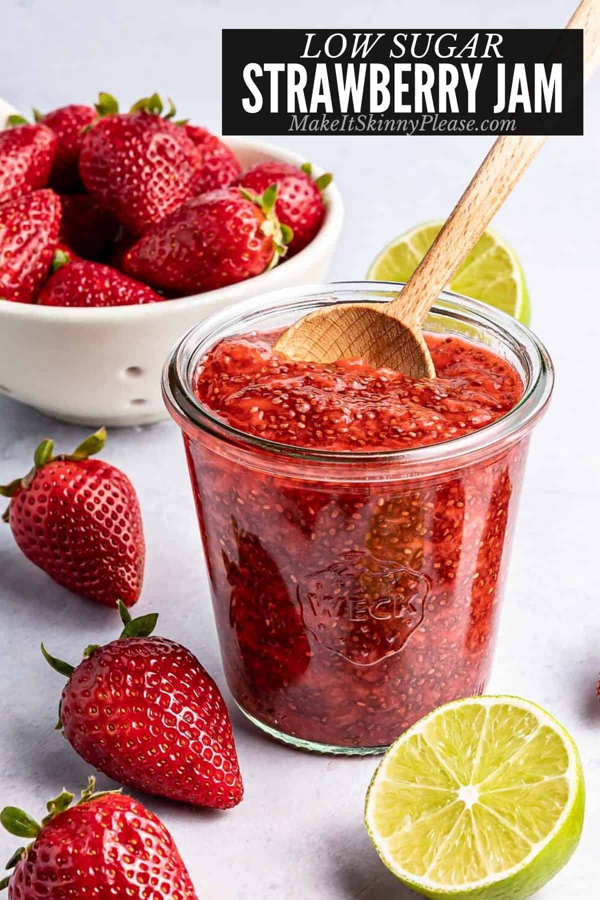 low sugar strawberry jam in jar side