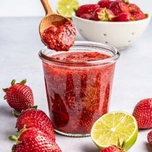 low sugar strawberry jam recipe with spoonful