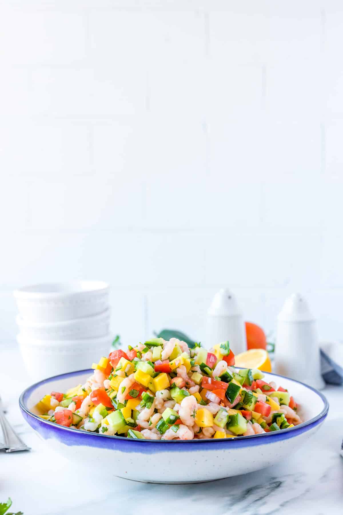 shrimp ceviche in large serving bowl side view