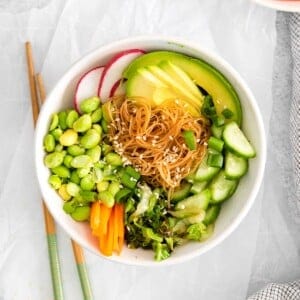 spring roll bowl with chop sticks from above.