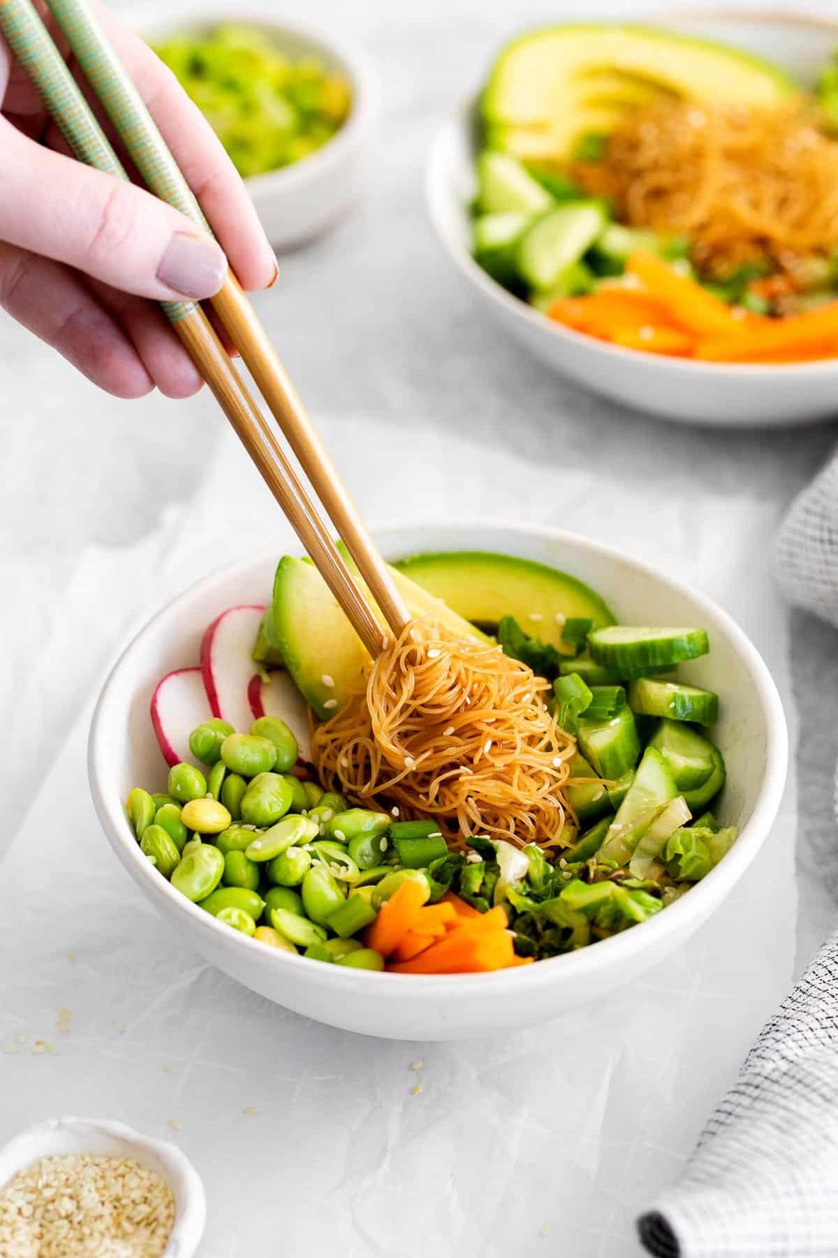 spring roll bowl with chop sticks.