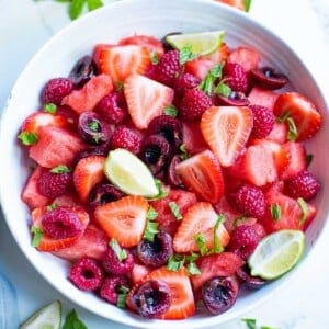 summer fruit salad in a serving bowl square