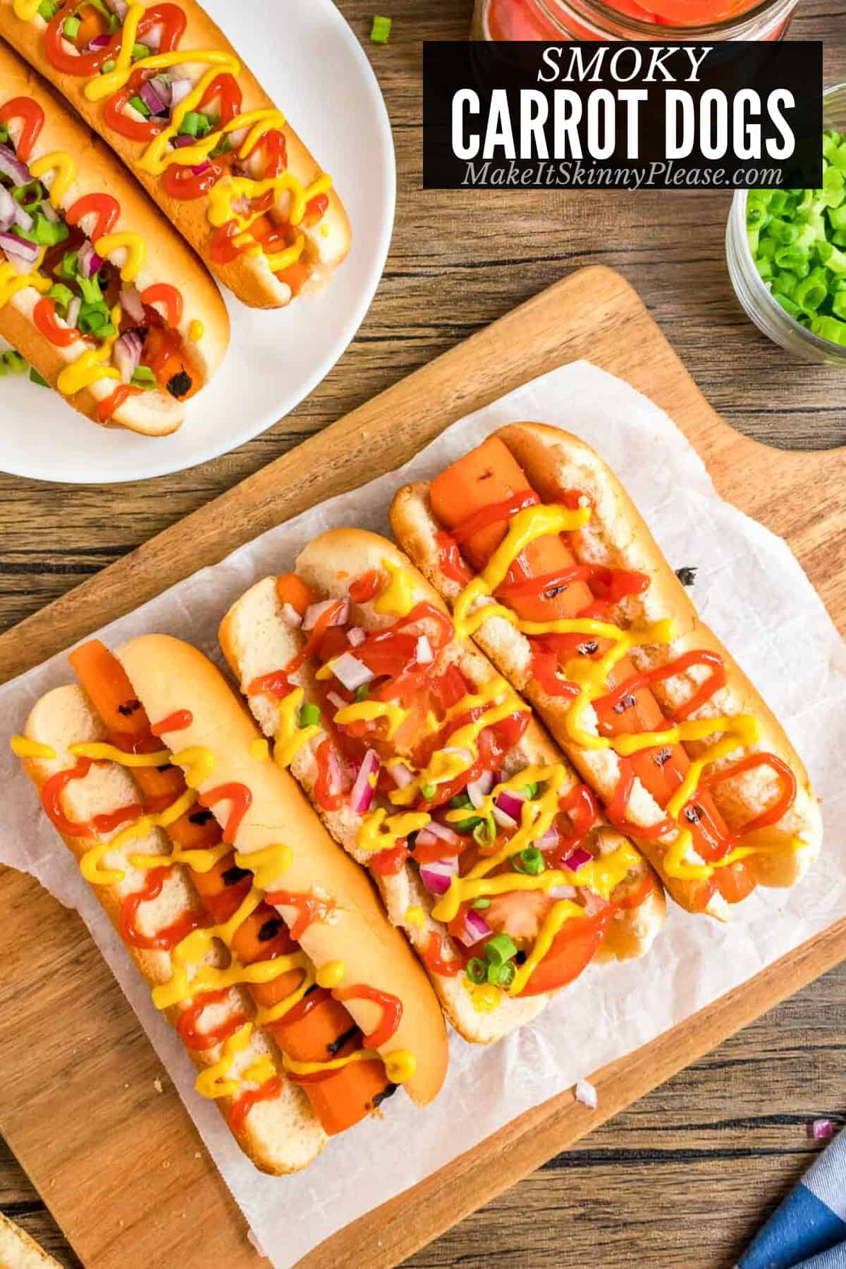 carrot dogs on cutting board with toppings.