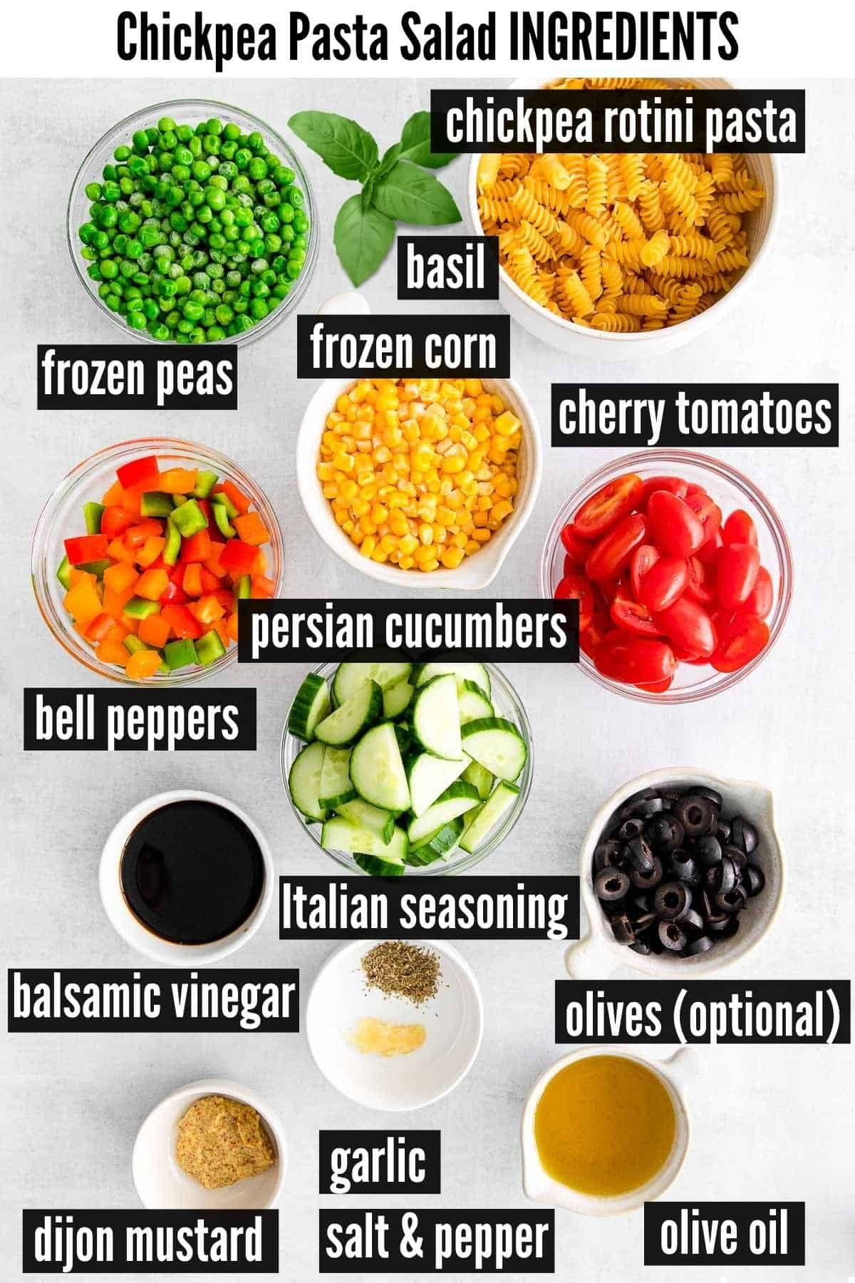 chickpea pasta salad labelled ingredients.