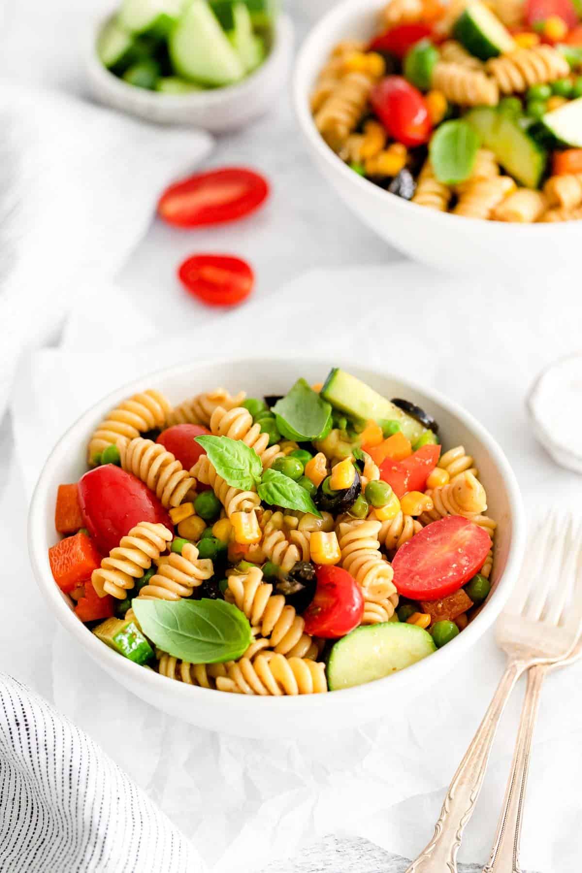 chickpea pasta salad side view.