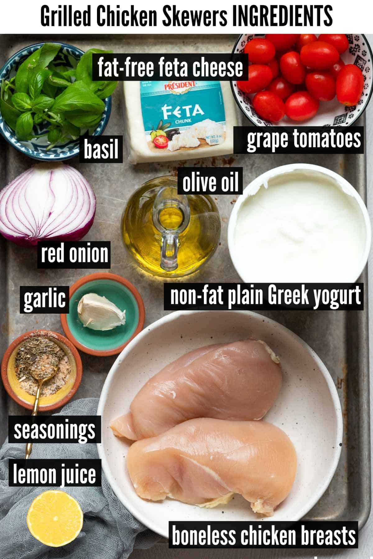 grilled chicken skewers labelled ingredients.