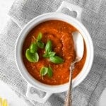roasted tomato marinara sauce overhead with spoon.