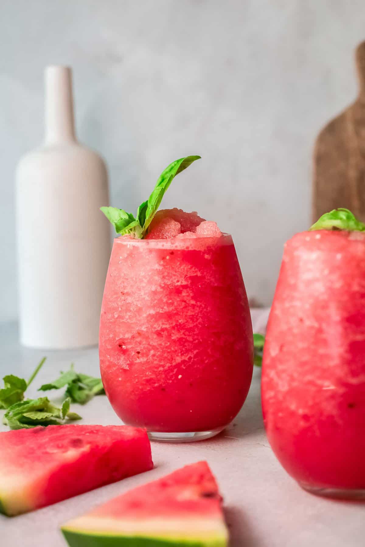 watermelon wine slushies in glasses side.