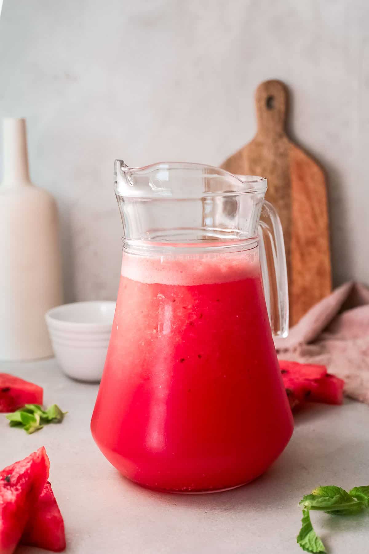 watermelon wine slushies in pitcher.