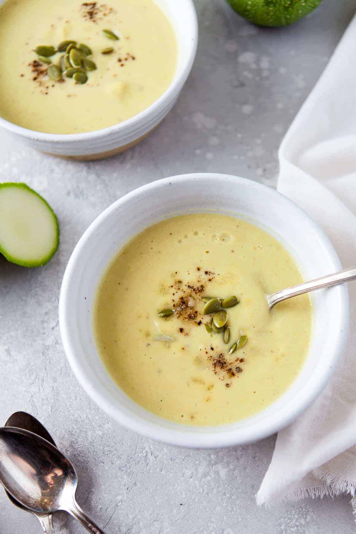 zucchini soup in bowl overhead e