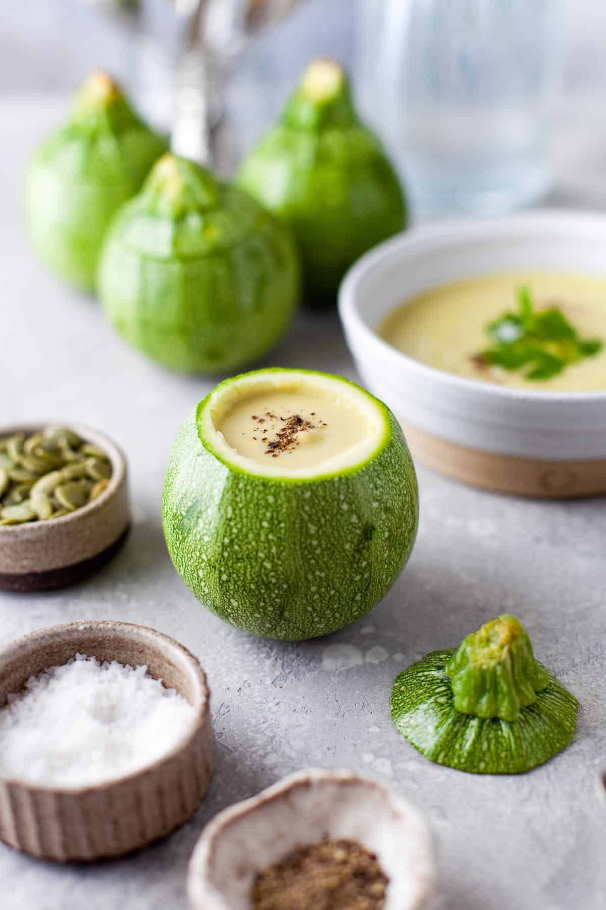 zucchini soup in round squash e