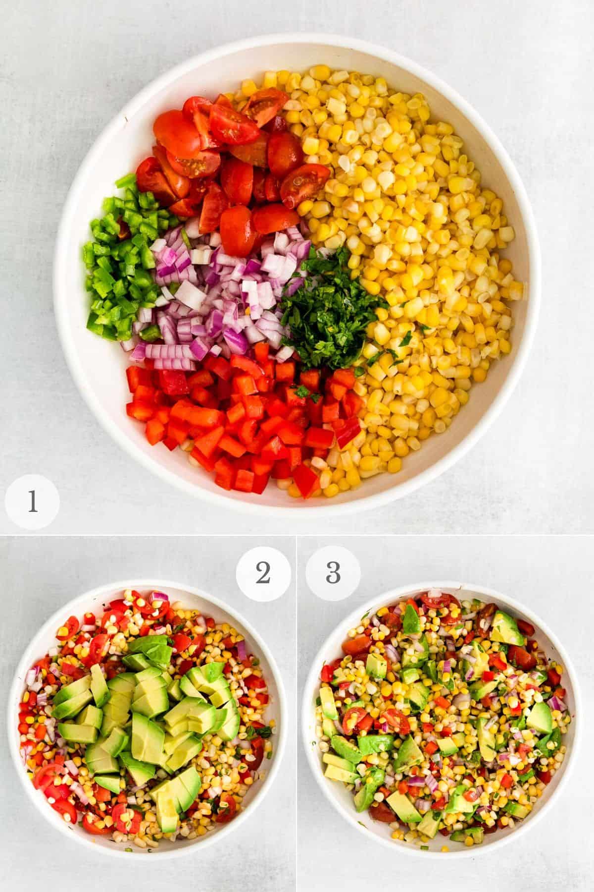 avocado corn salad recipe steps 1-3.