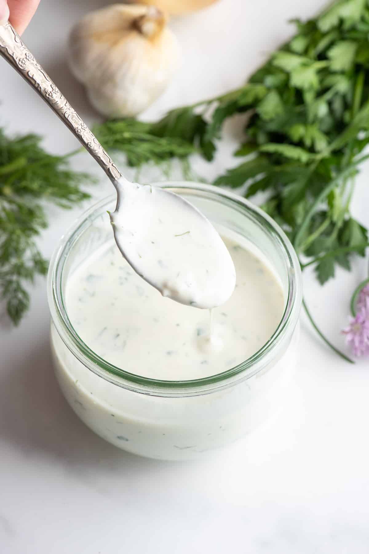 low calorie ranch dressing on spoon.