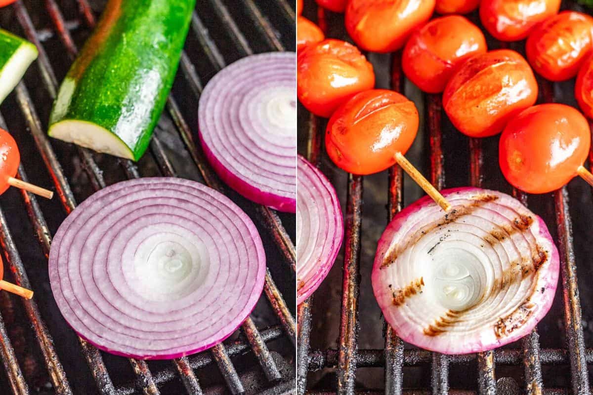 grilled red onion on grill.