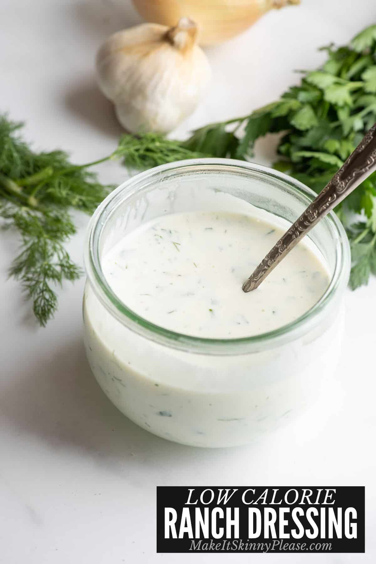 low calorie ranch dressing in glass jar.