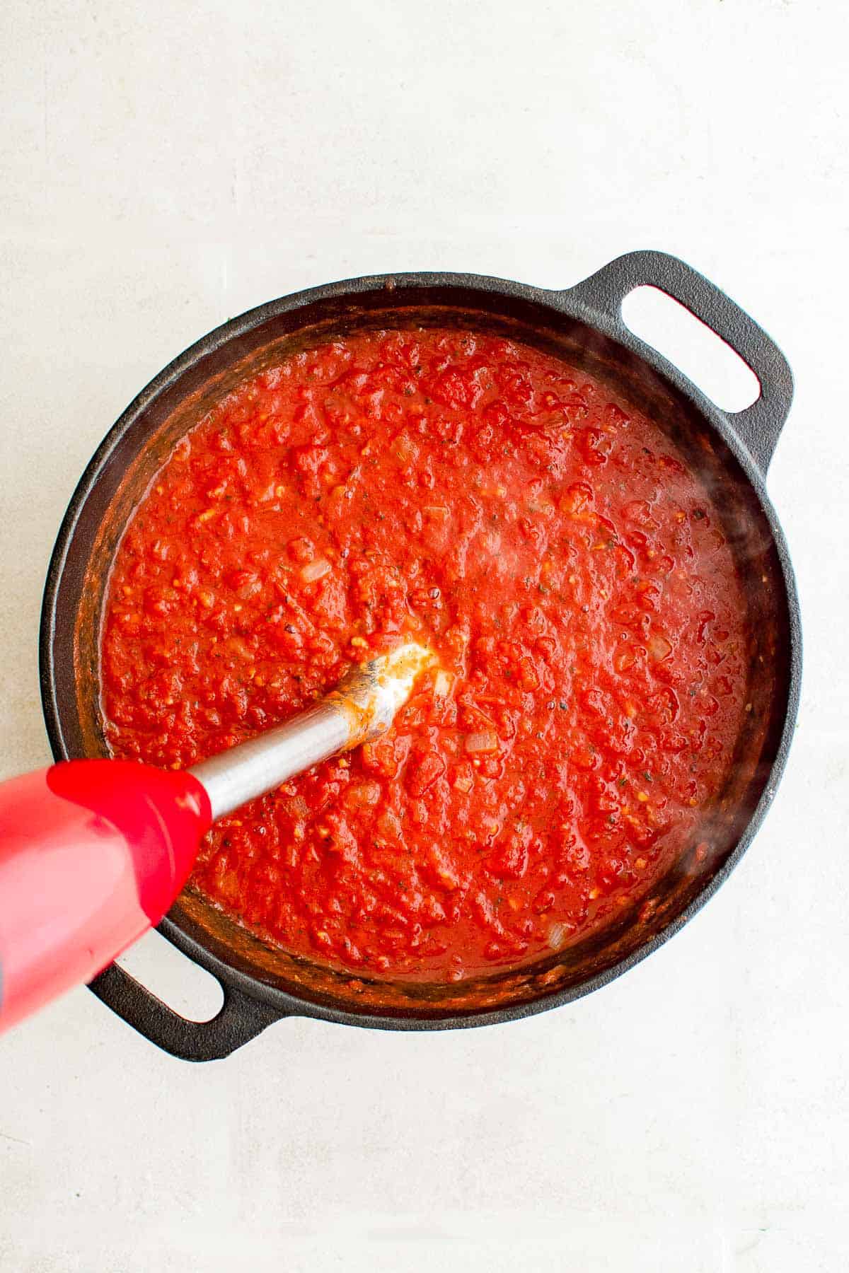 homemade marinara sauce with immersion blender