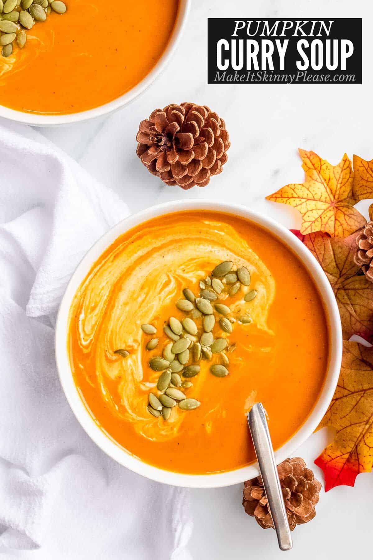 pumpkin curry soup with pine cones.