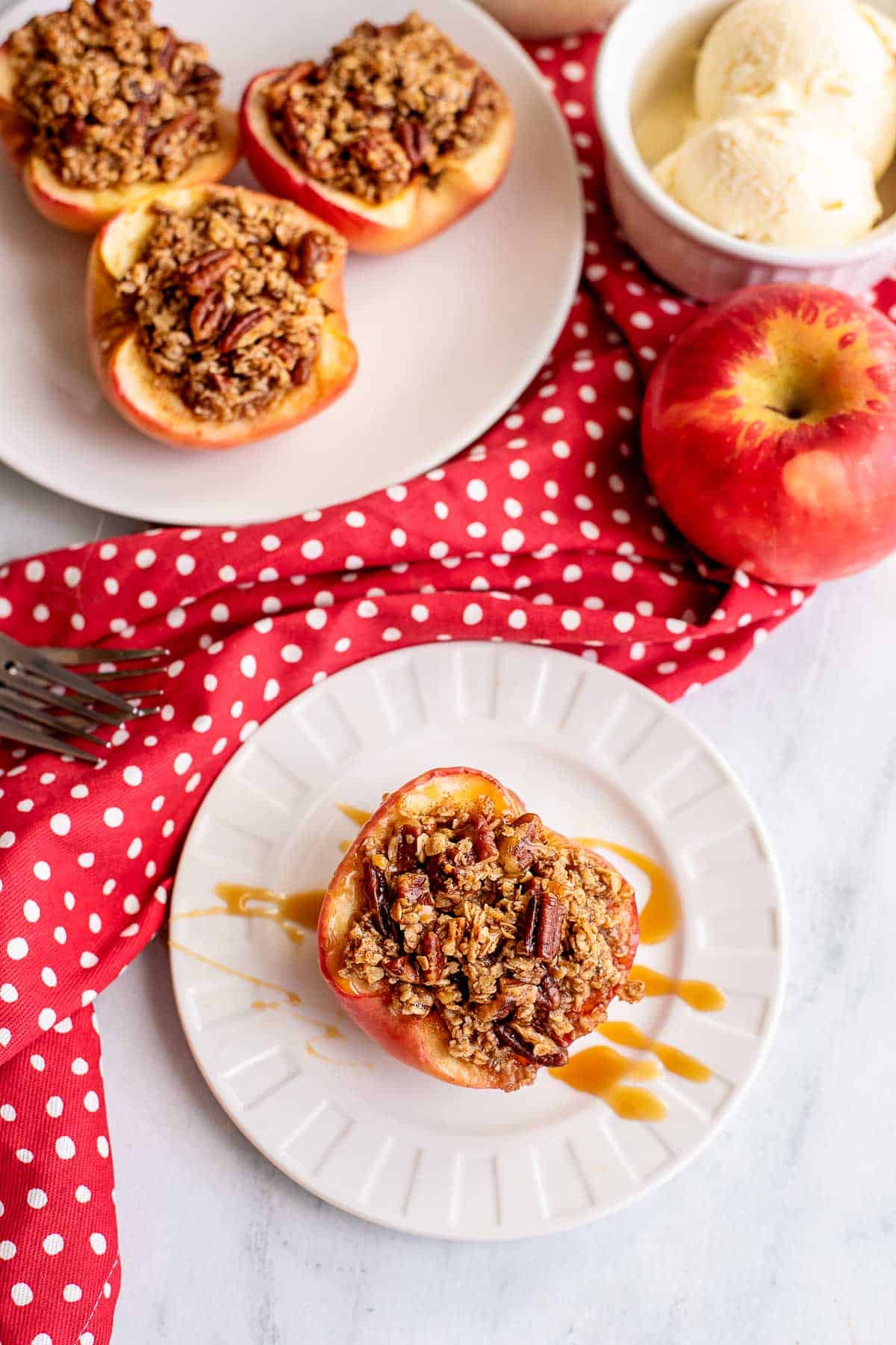 baked apple with crumble topping from above.