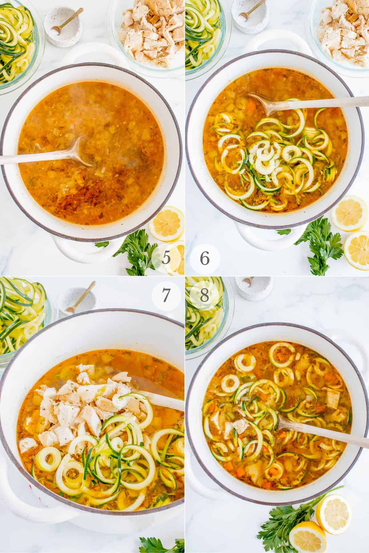 chicken zoodle soup recipe steps 5-8.