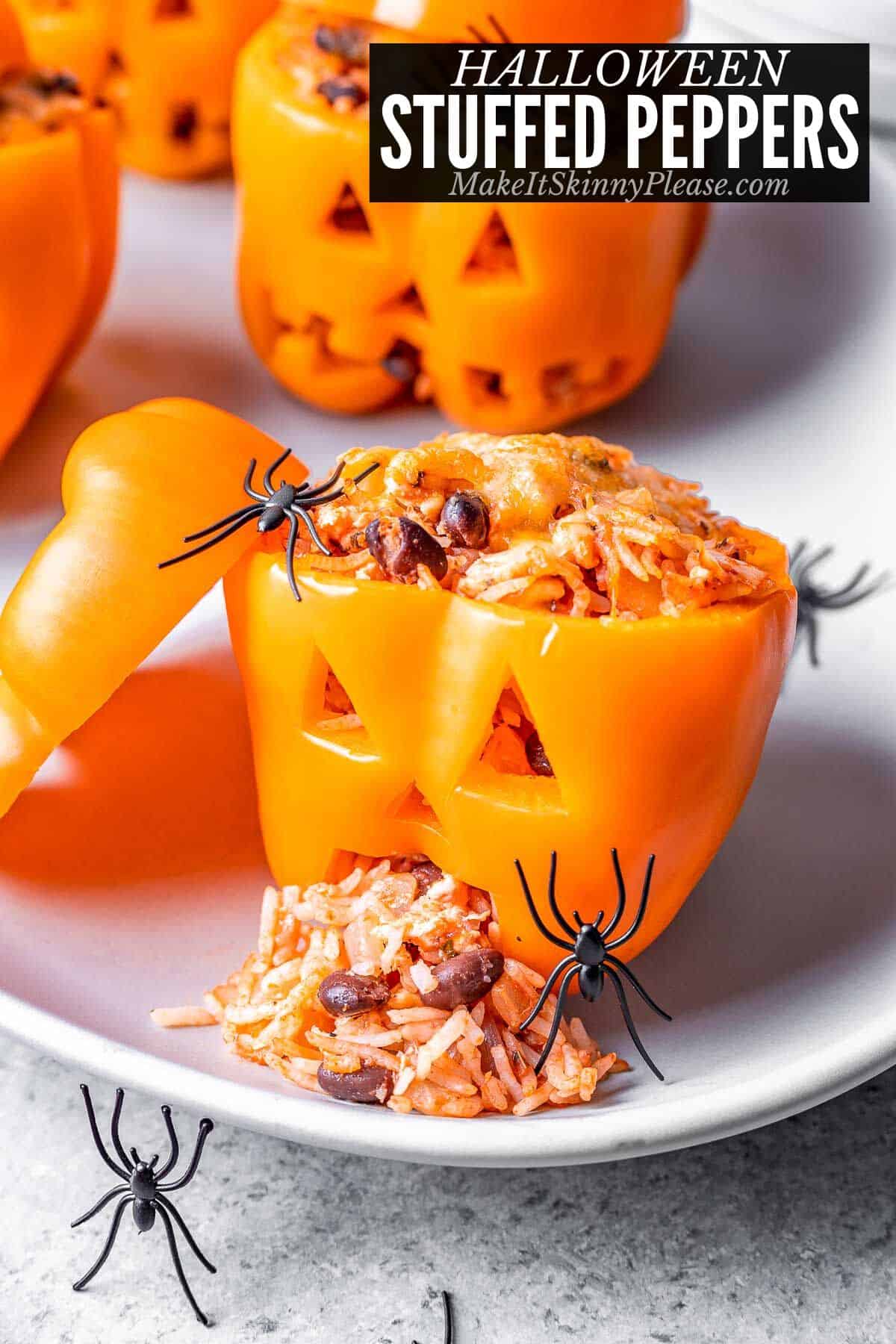 halloween stuffed peppers with rice and black beans.