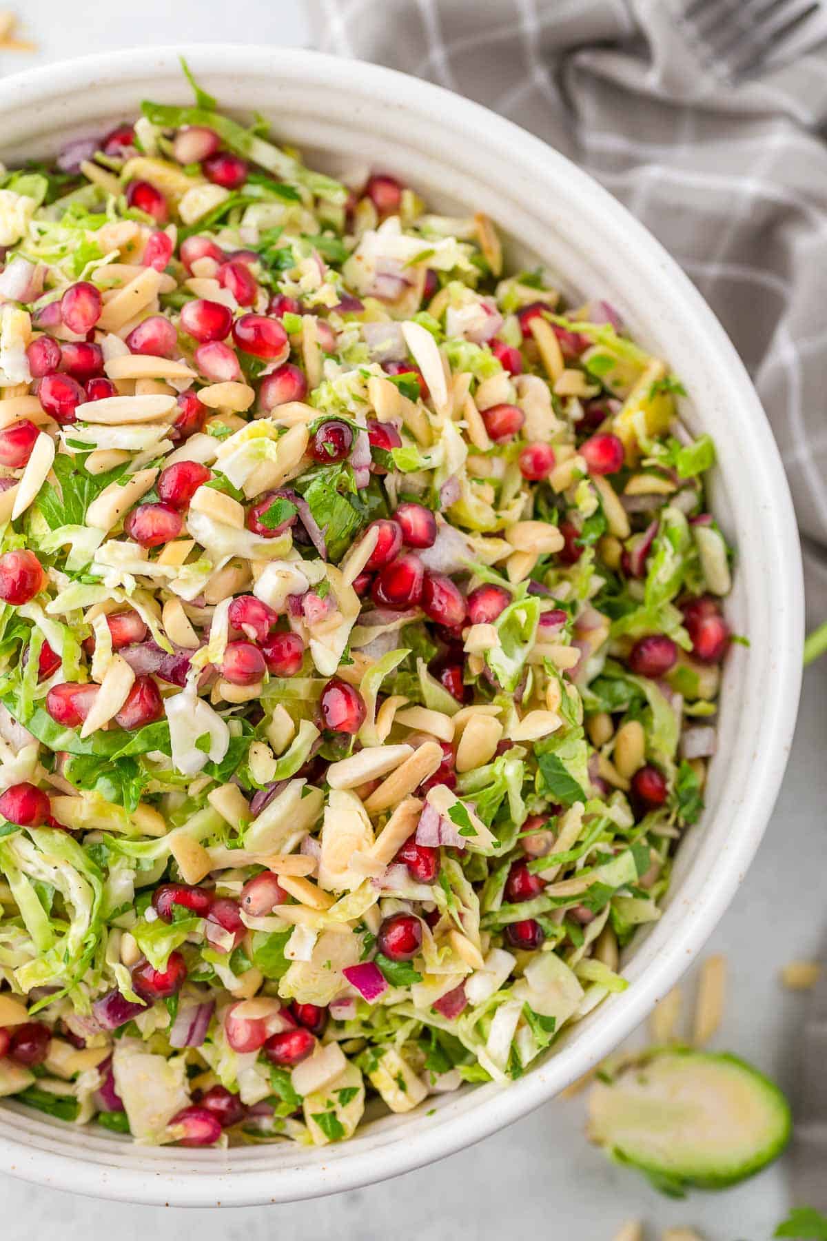 shaved brussels sprouts salad close up.