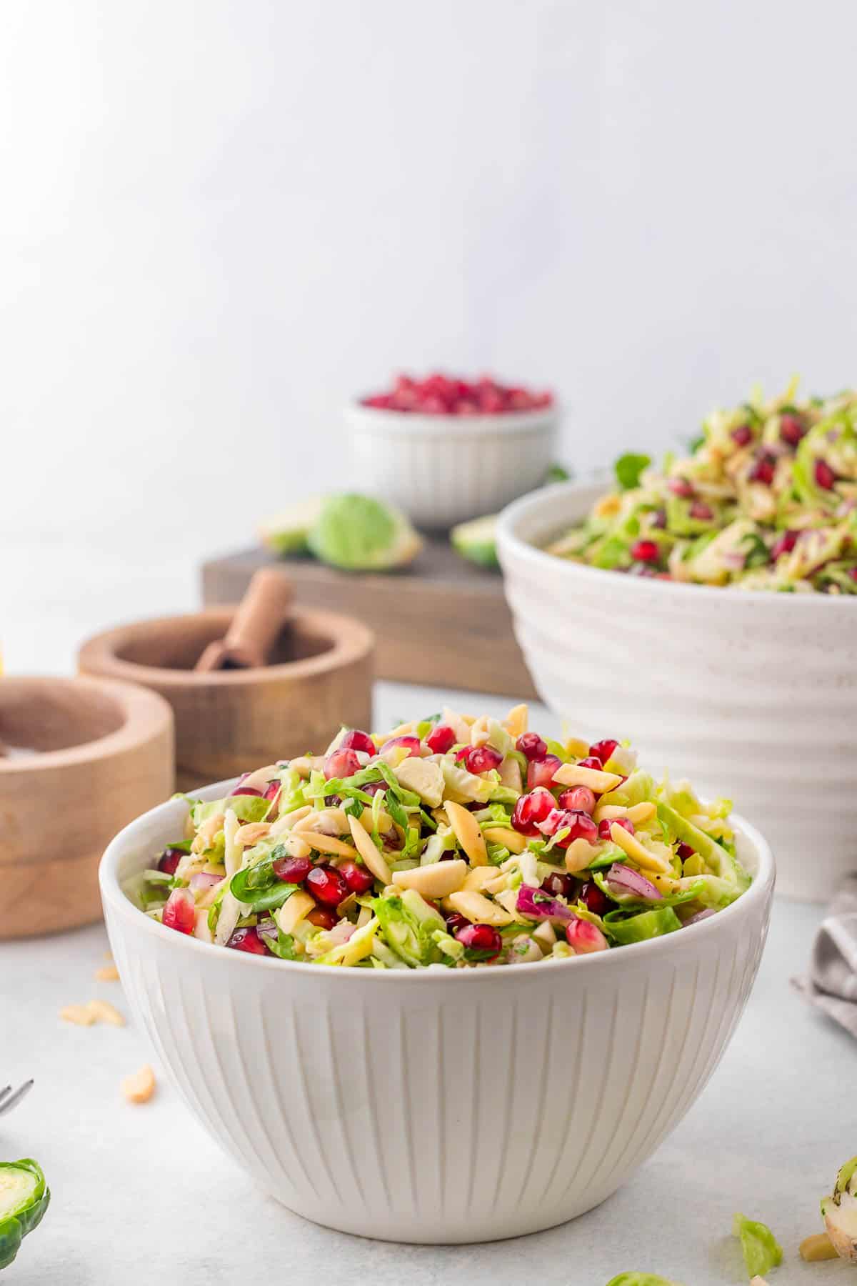 shaved brussels sprouts salad from side.